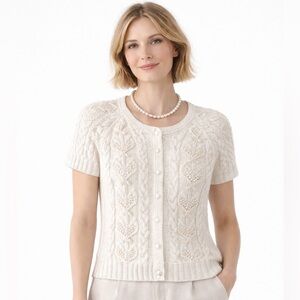 Pearl-Button Cream Cable Knit Short Sleeve Cardigan